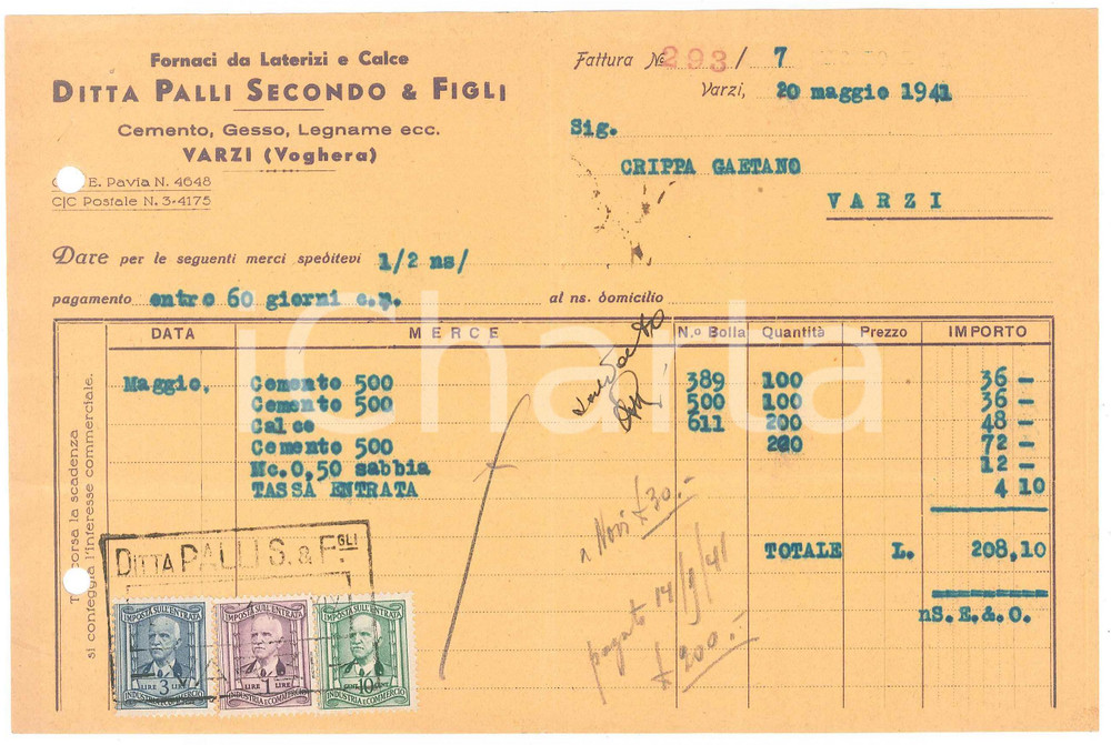 Documento originale, autentico 1941 VARZI Ditta PALLI Secondo & Figli  Fornaci Laterizi e Calce  Fattura 3 1