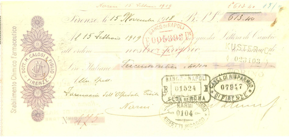 Documento originale, autentico 1918 FIRENZE Dott. M. CALOSI & Figlio Farmaceutica Cambiale pubblicitaria 2 1