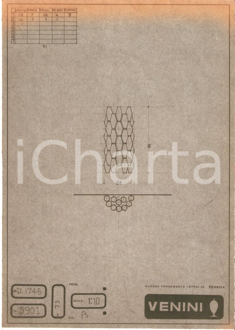 Materiale pubblicitario d’epoca 1960 ca MURANO VENEZIA Vetrai VENINI Disegno Lampada vetro *Copia eliografica 3 1