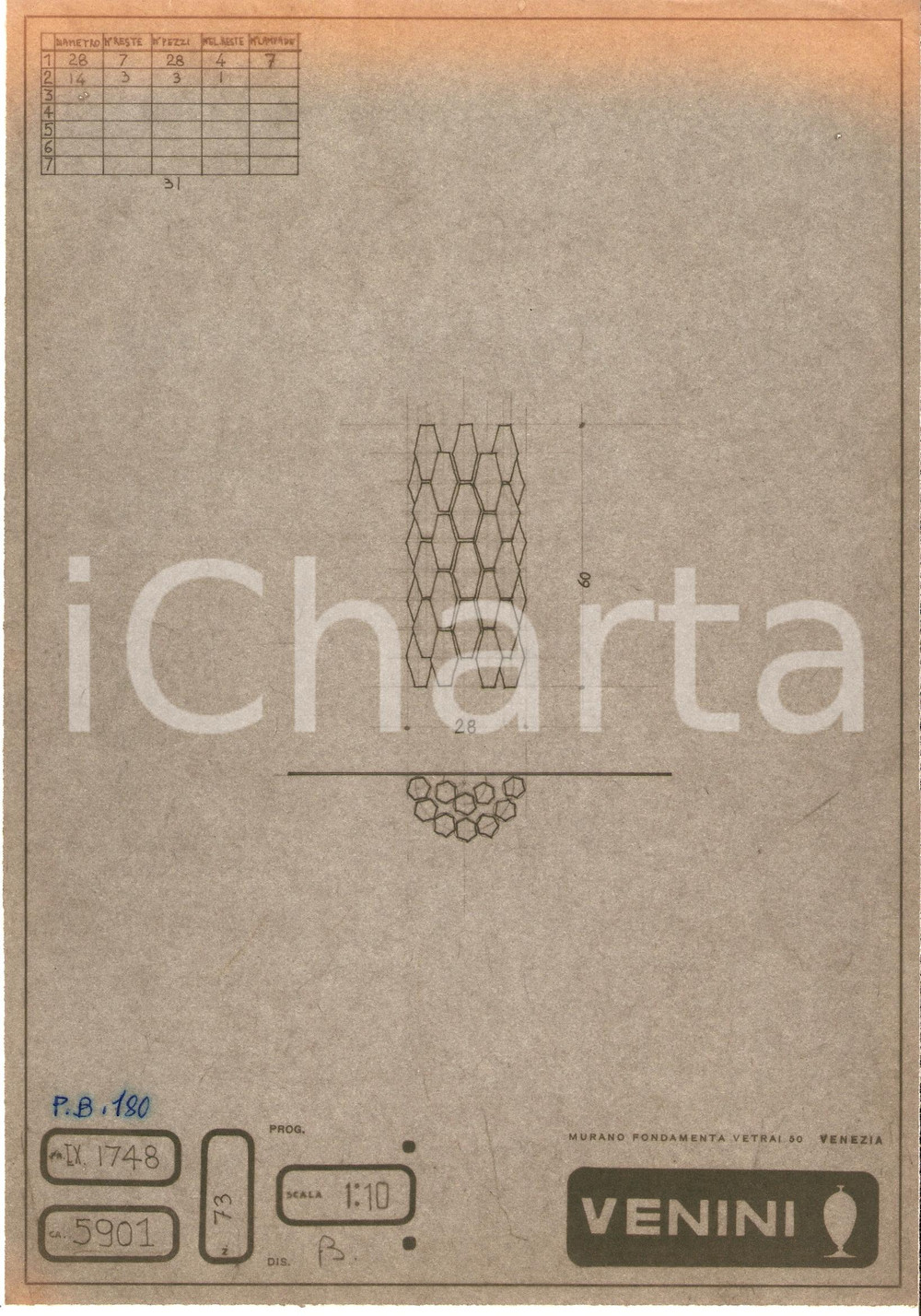 Materiale pubblicitario d’epoca 1960 ca MURANO VENEZIA Vetrai VENINI Disegno Lampada vetro *Copia eliografica 2 1