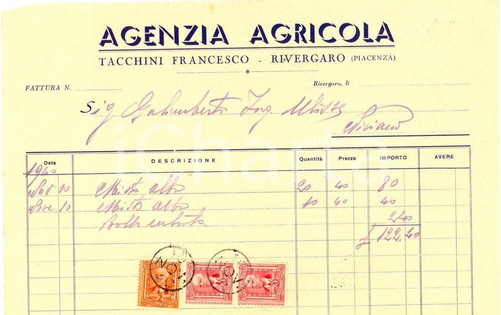 Documento originale, autentico 1940 RIVERGARO PC Agenzia agricola Francesco TACCHINI Fattura intestata 1