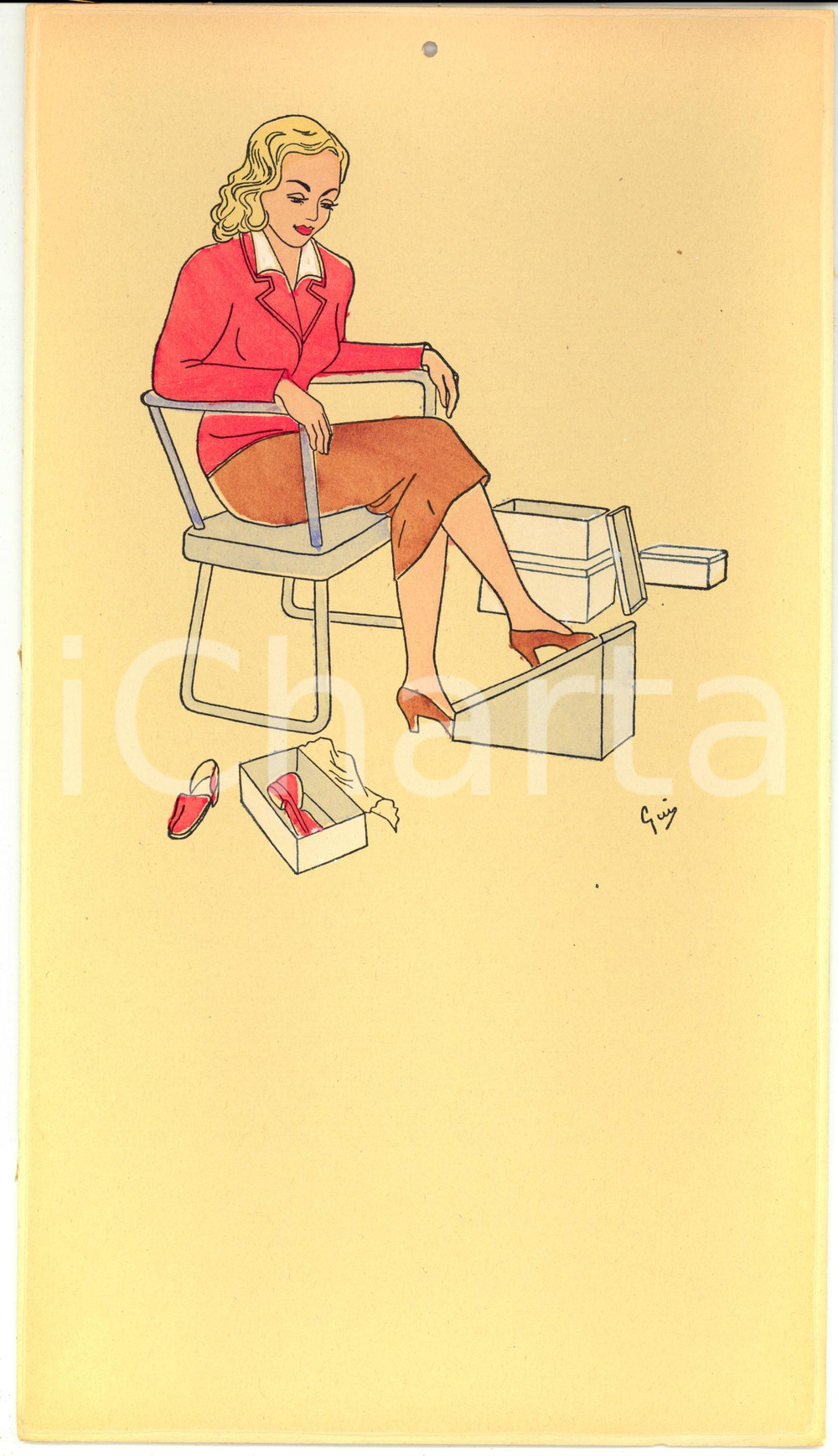 Oggetto da collezione cartaceo 1955 ca ITALIA Calendario perpetuo VINTAGE Ill. GUI Acquerellato a mano 5 1