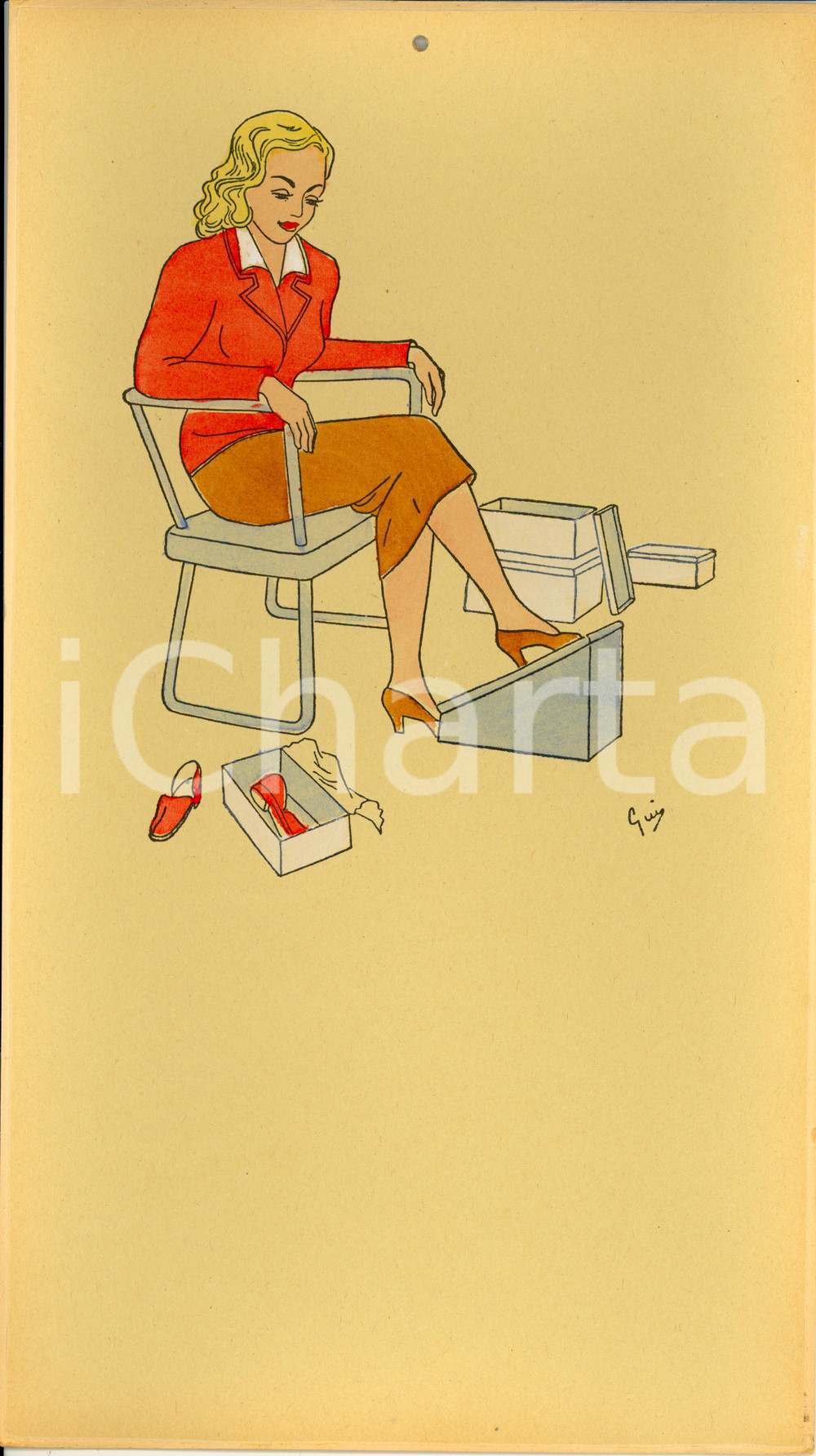 Oggetto da collezione cartaceo 1955 ca ITALIA Calendario perpetuo VINTAGE Ill. GUI Acquerellato a mano 3 1