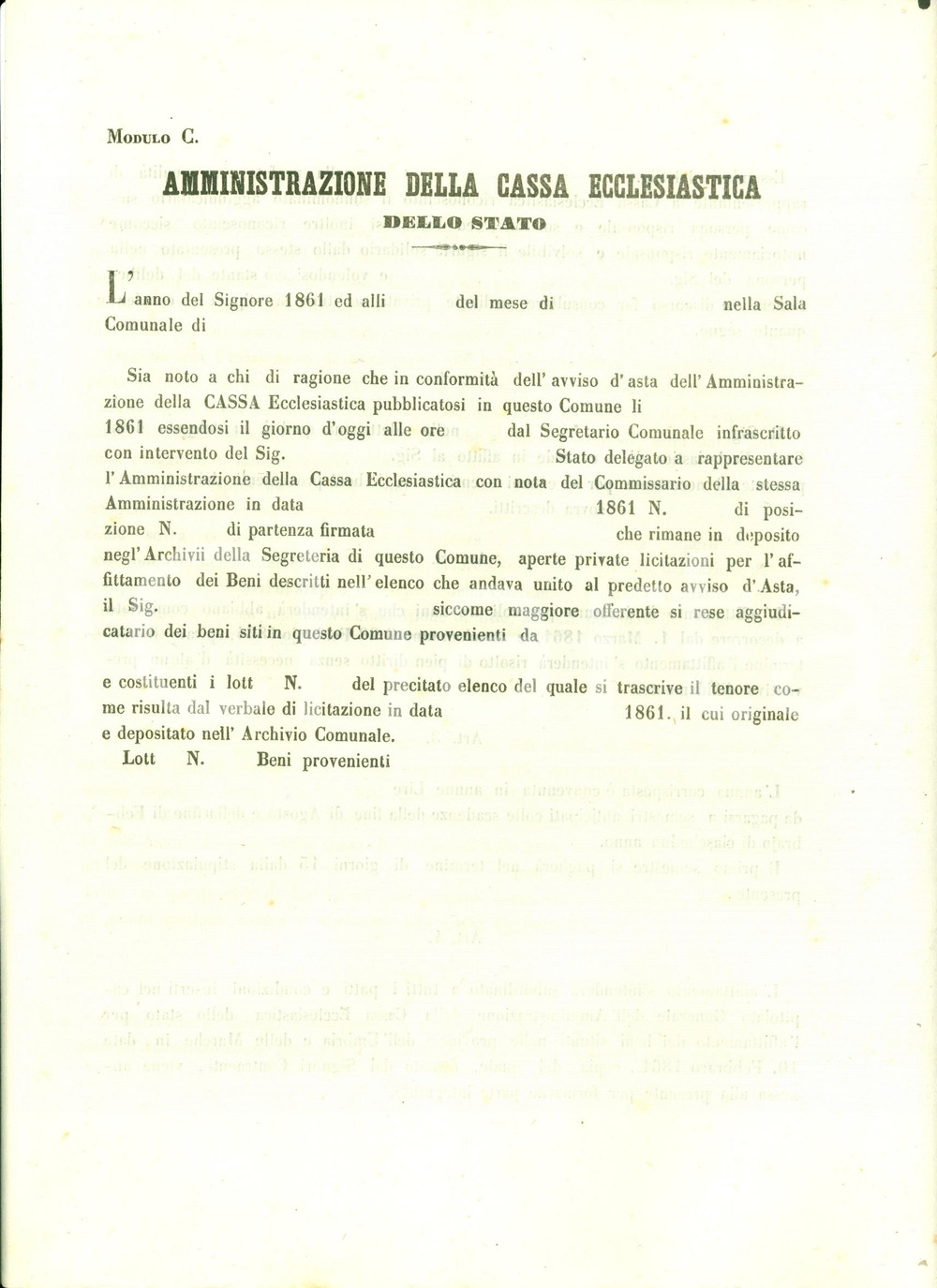 Documento originale, autentico 1861 UMBRIA Affitto beni Amministrazione CASSA ECCLESIASTICA Documento 1