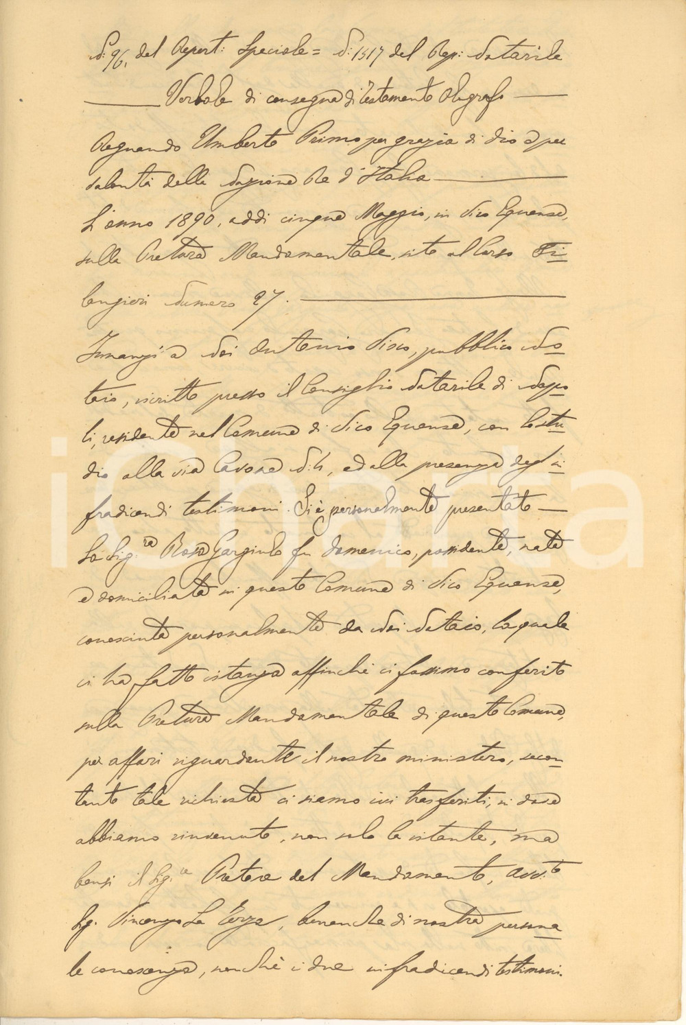 Documento originale, autentico 1890 VICO EQUENSE NA Verbale di consegna testamento Germano GARGIULO 1