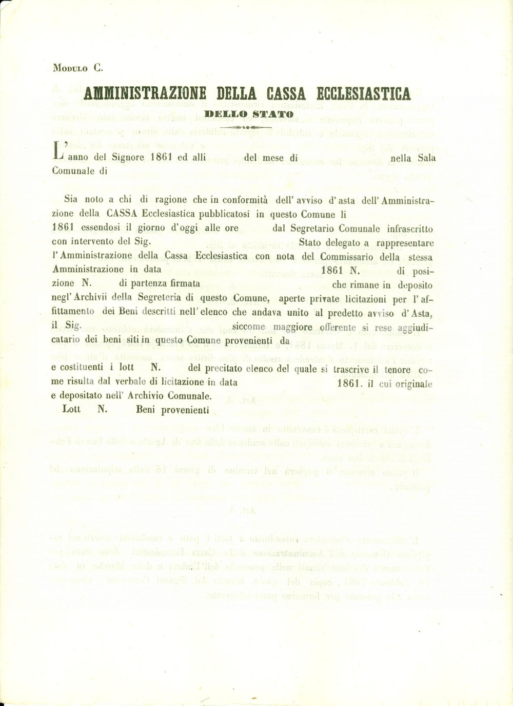Documento originale, autentico 1861 UMBRIA Affitto beni Amministrazione CASSA ECCLESIASTICA Documento 1