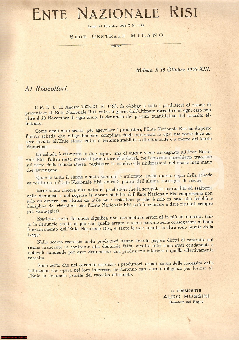 Documento originale, autentico 1935 MILANO ENTE NAZIONALE RISI Denuncia raccolto riso *Comunicato 1