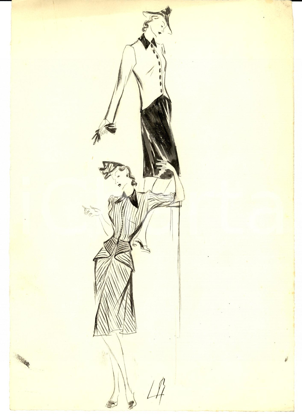 Stampa, bozzetto originale 1939 Moda donna ANNI  30 Abiti da giorno  Bozzetto AUTOGRAFO 2 1