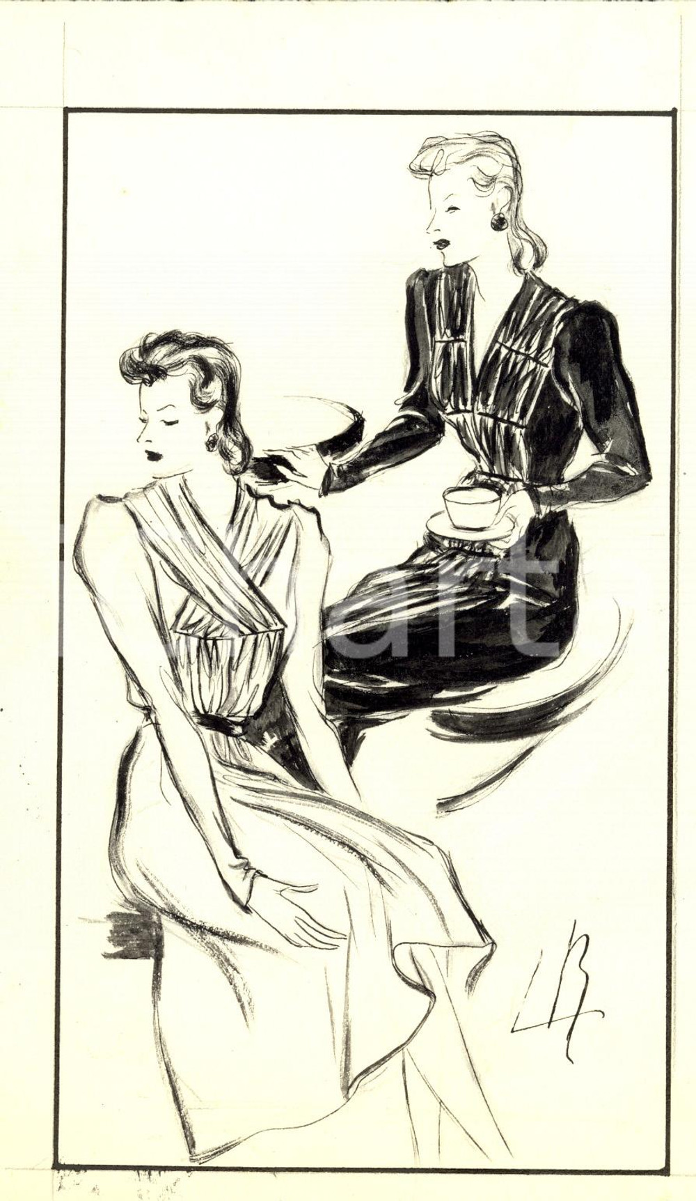 Stampa, bozzetto originale 1939 Moda donna ANNI  30 Abiti da giorno manica lunga Bozzetto AUTOGRAFO 1