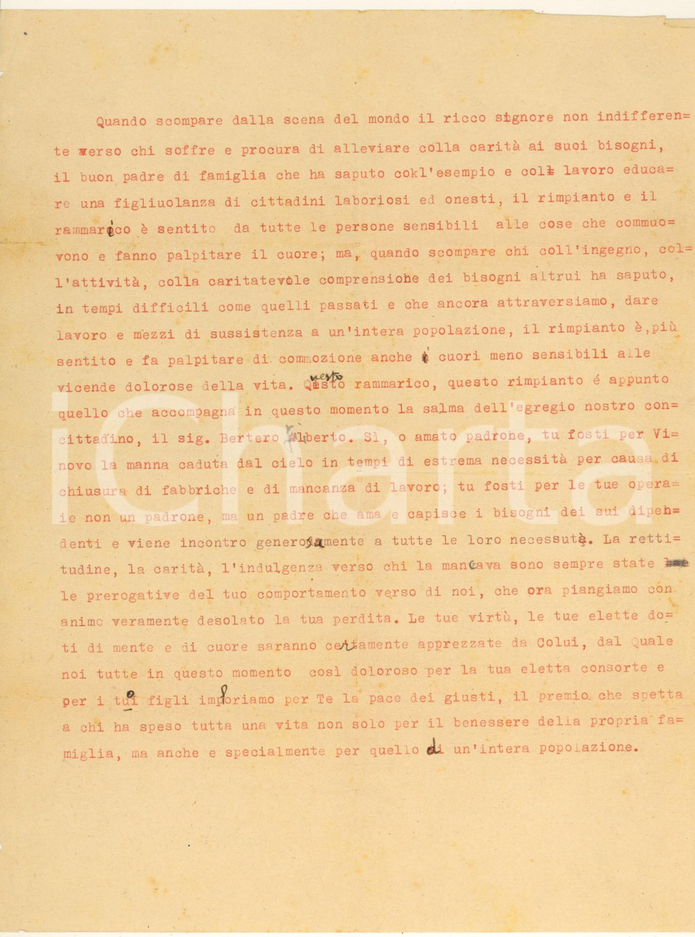 Documento originale, autentico 1960 ca VINOVO TO In memoria di Filiberto BERTERO imprenditore Dattiloscritto 1