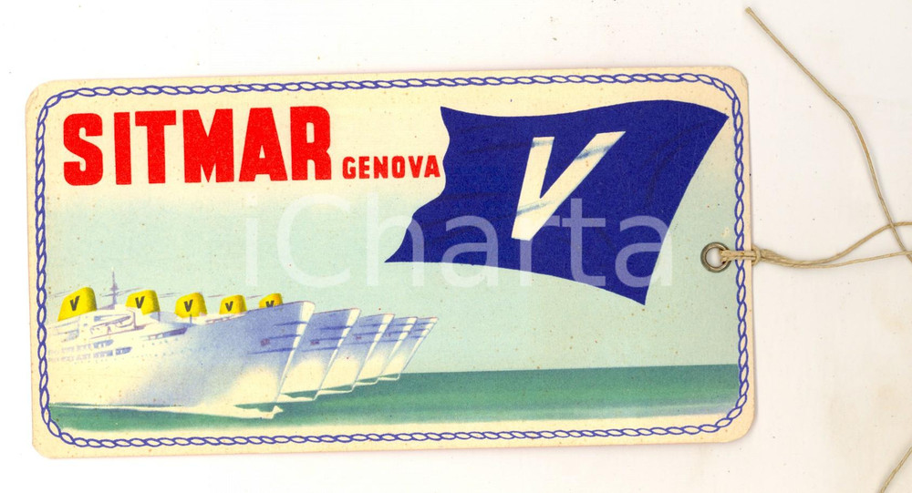 Materiale pubblicitario d’epoca 1950 ca SITMAR GENOVA Etichetta bagagli  Viaggiatori in classe turistica 1