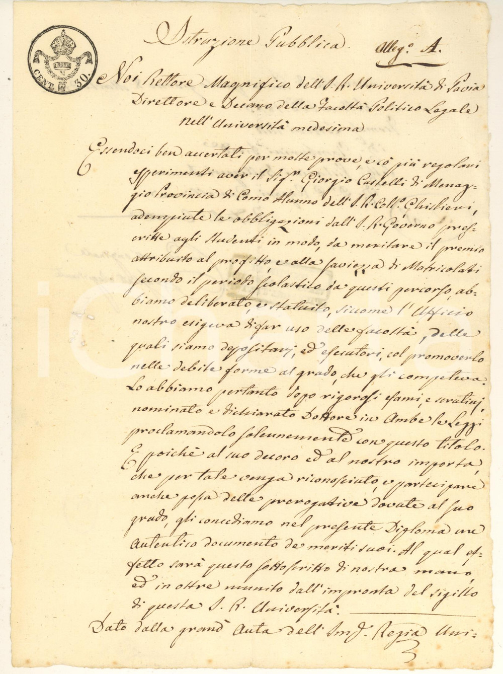 Documento originale, autentico 1815 Università di PAVIA Certificato di laurea in legge  Giorgio CASTELLI 1