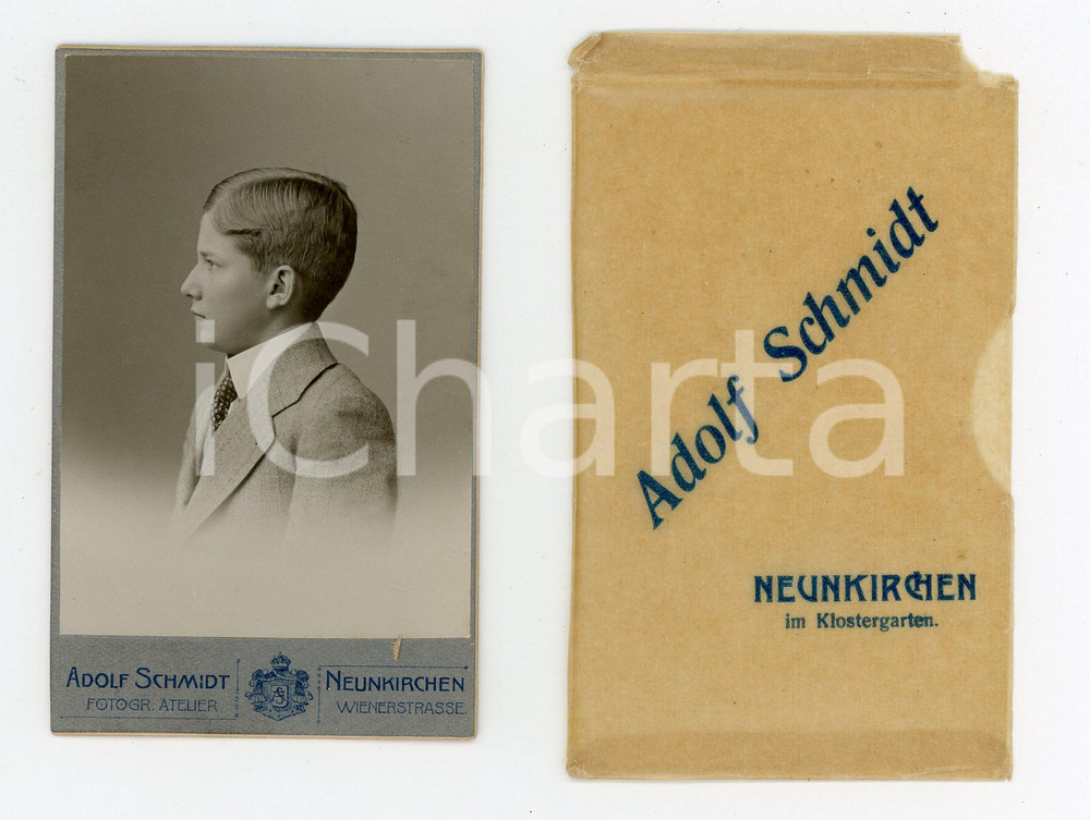 1910 ca NEUNKIRCHEN Boy with tie - Portrait CDV Photo Adolf SCHMIDT 6x10 cm  Fotografia d'epoca, montata su cartoncino rigido.Con velina di protezione. CONDIZIONI:FAIR/discreto Lievi bruniture, strappi alla velinaFORMATO: 6x10 cm originale e autentica 1
