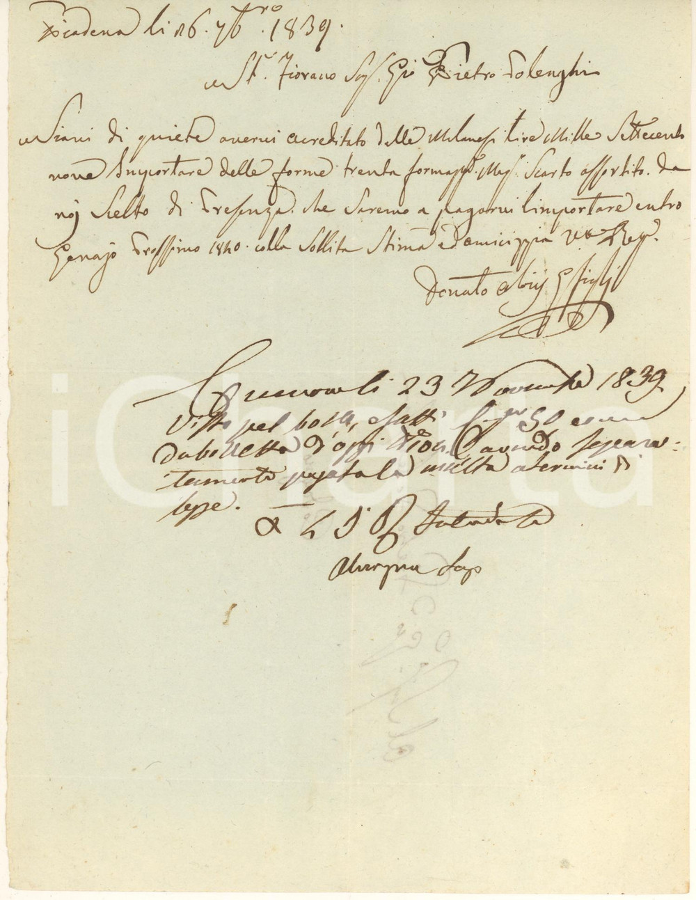 Documento originale, autentico 1839 VIADANA MN Acquisto di 30 forme di formaggio da ditta POLENGHI 1