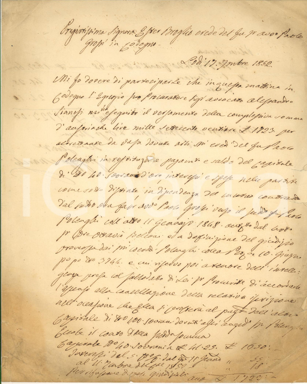 Documento originale, autentico 1852 LODI Lettera avv. Giuseppe MARCHI  Saldo debito a eredi di Paolo POLENGHI 1