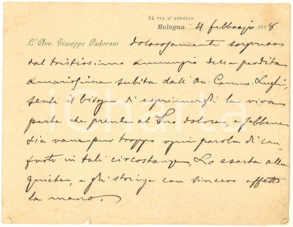 Autografo originale 1888 BOLOGNA Avv. Giuseppe PADOVANI  Biglietto condoglianze AUTOGRAFO 1