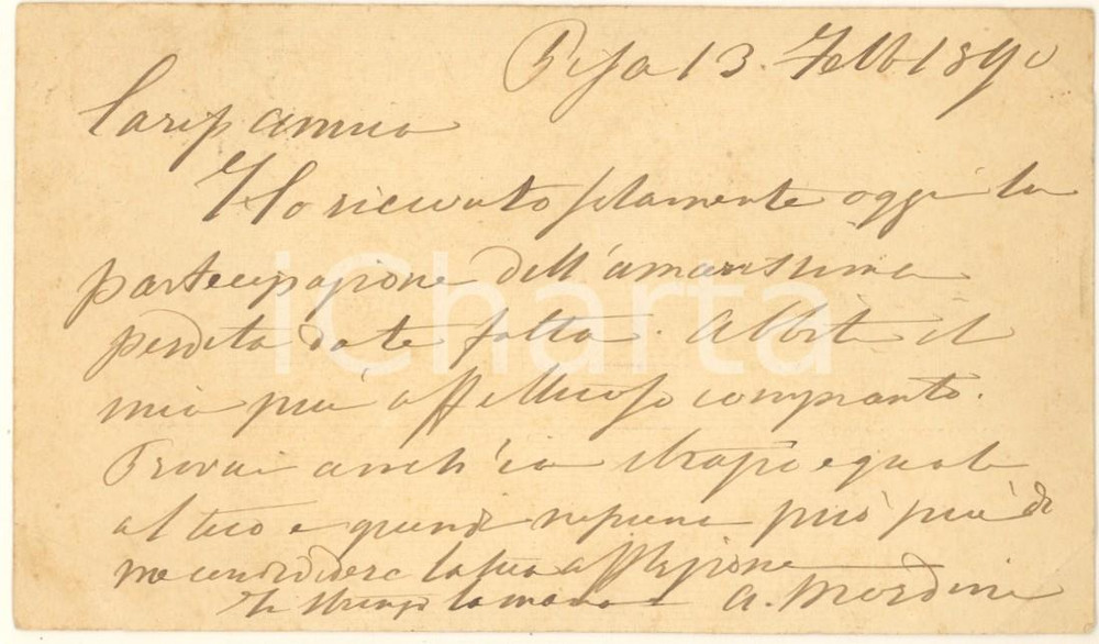 Autografo originale 1890 PISA Antonio MORDINI  Cartolina AUTOGRAFA per condoglianze 1