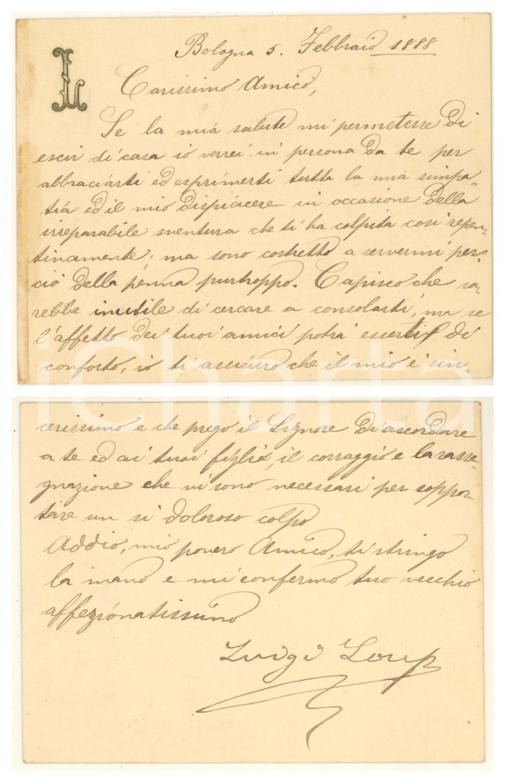 Autografo originale 1888 BOLOGNA Biglietto Luigi LOUP agronomo  Condoglianze Autografo 1