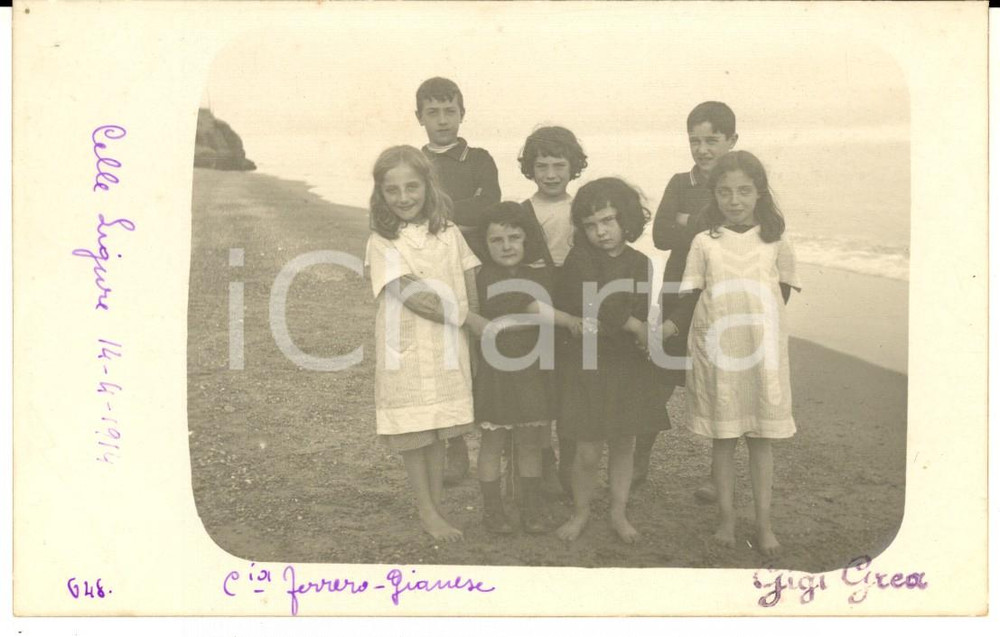 1914 CELLE LIGURE Bambini famiglie FERRERO - GIANESE - Foto cartolina ARTISTICA Fotografia d'epoca, in formato cartolina postale.Didascalia manoscritta originale.Non viaggiata.  CONDIZIONI: G (ma lievi macchie al verso)FOTOGRAFO: Luigi (Gigi) GreaNOTA BENE: TUTTI I DIRITTI RISERVATI;E' VIETATA LA RIPRODUZIONE  originale e autentica 1
