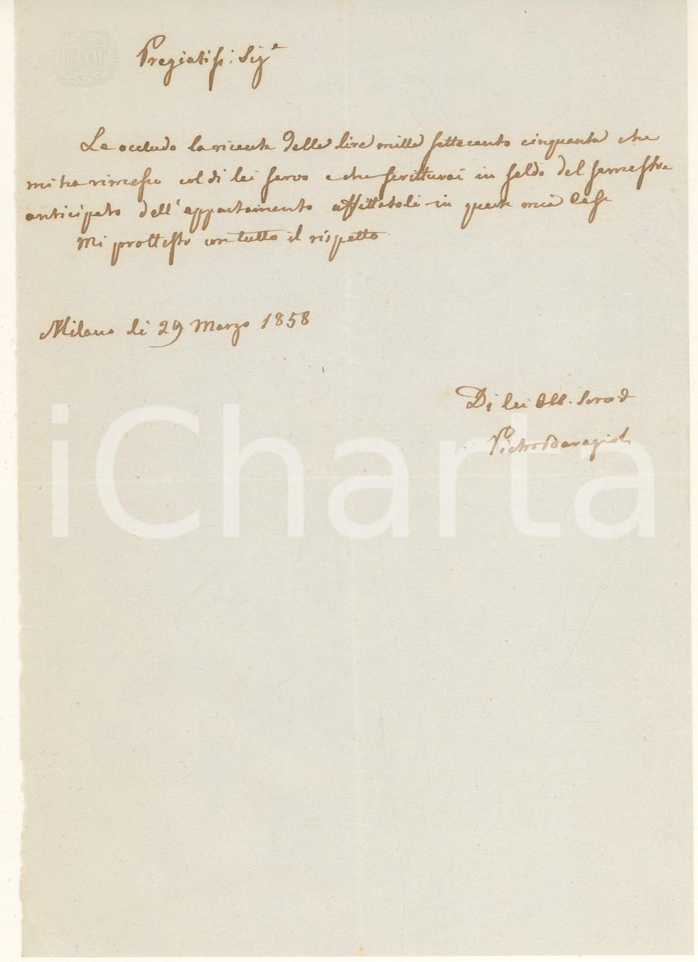 Manoscritto, lettera originale 1858 MILANO Pietro BARAGIOLA riceve saldo per appartamento in affitto 1