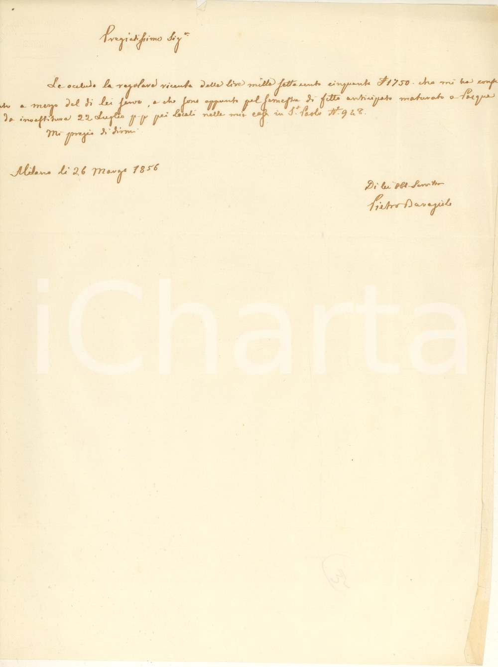 Manoscritto, lettera originale 1856 MILANO Pietro BARAGIOLA riceve saldo per semestre di affitto appartamento 1
