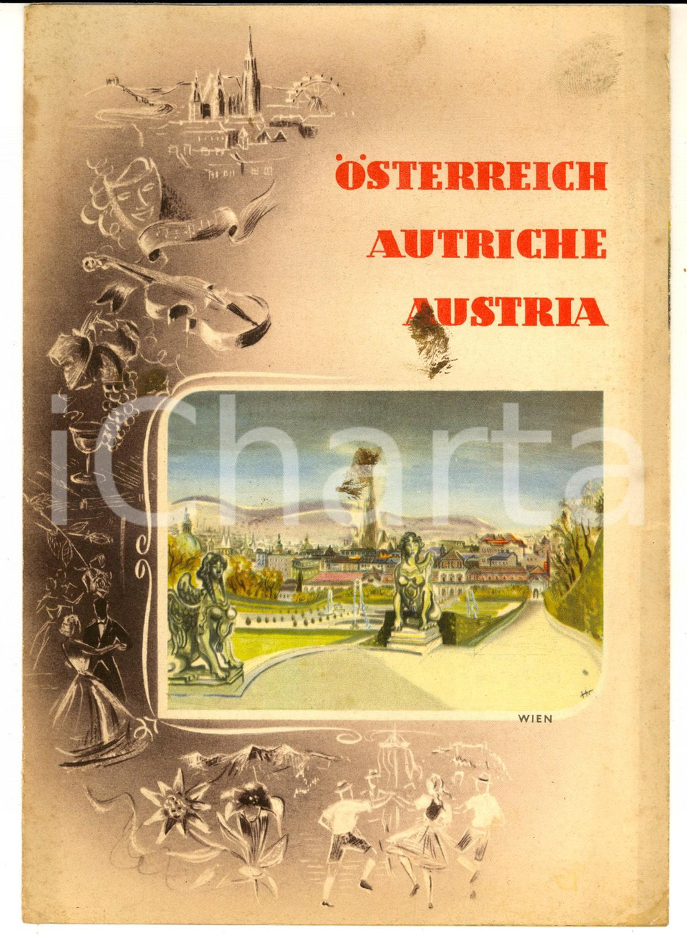 Materiale pubblicitario d’epoca 1950 ca OSTERREICH  AUTRICHE  AUSTRIA Pieghevole VINTAGE Illustrato 1
