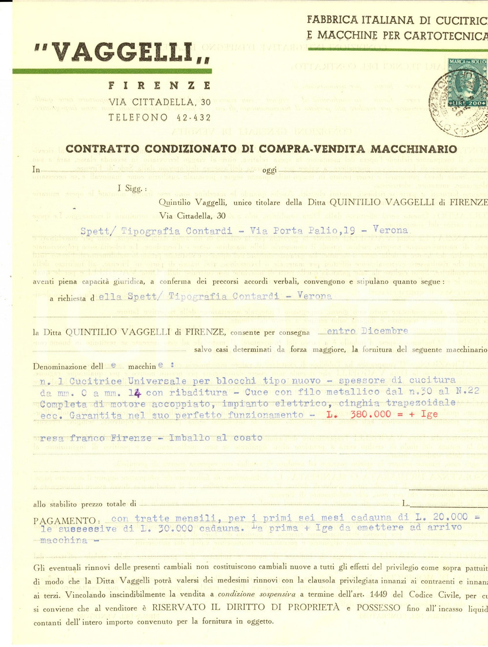 Documento originale, autentico 1956 FIRENZE Ditta VAGGELLI cucitrici  Contratto compravendita macchinario 1