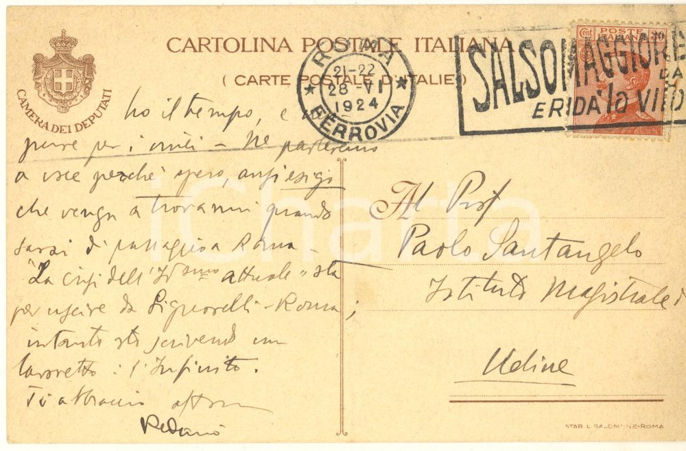 Autografo originale 1924 ROMA Ugo REDANO  oppresso e compresso dalla vita attuale Autografo 1