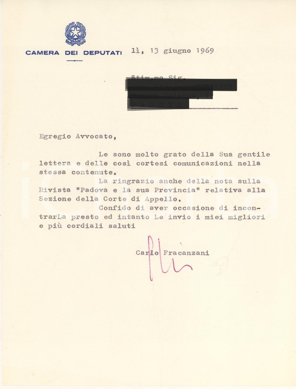 Autografo originale 1969 ROMA Lettera on. Carlo FRACANZANI per ringraziamento Autografo 1