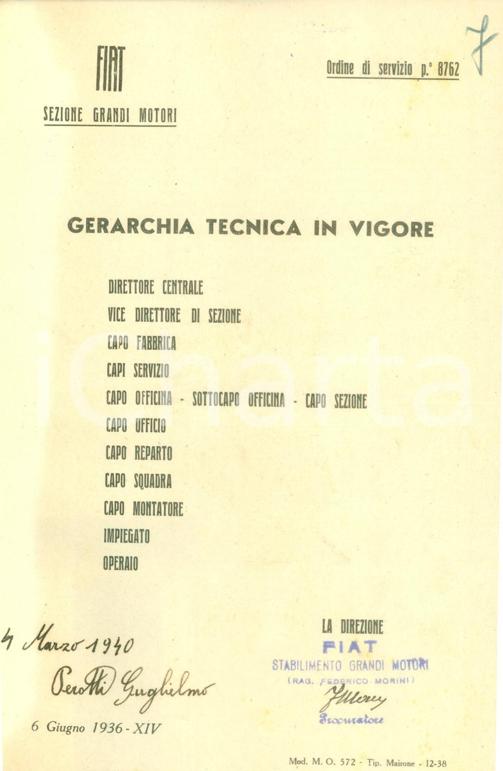 Documento originale, autentico 1940 TORINO WW2 Gerarchia FIAT Sezione Grandi Motori durante la mobilitazione 1