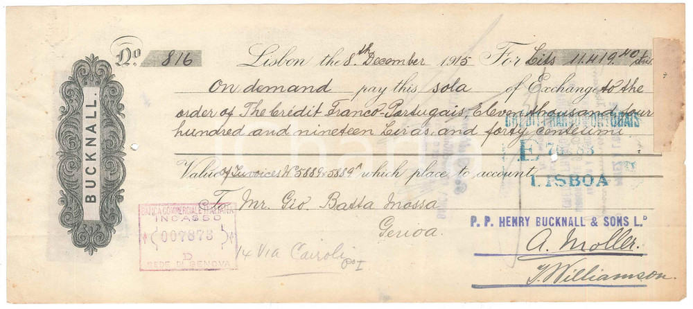 Oggetto da collezione cartaceo 1915 LISBONA PORTUGAL  Ditta BUCKNALL  Cambiale pubblicitaria 2 1