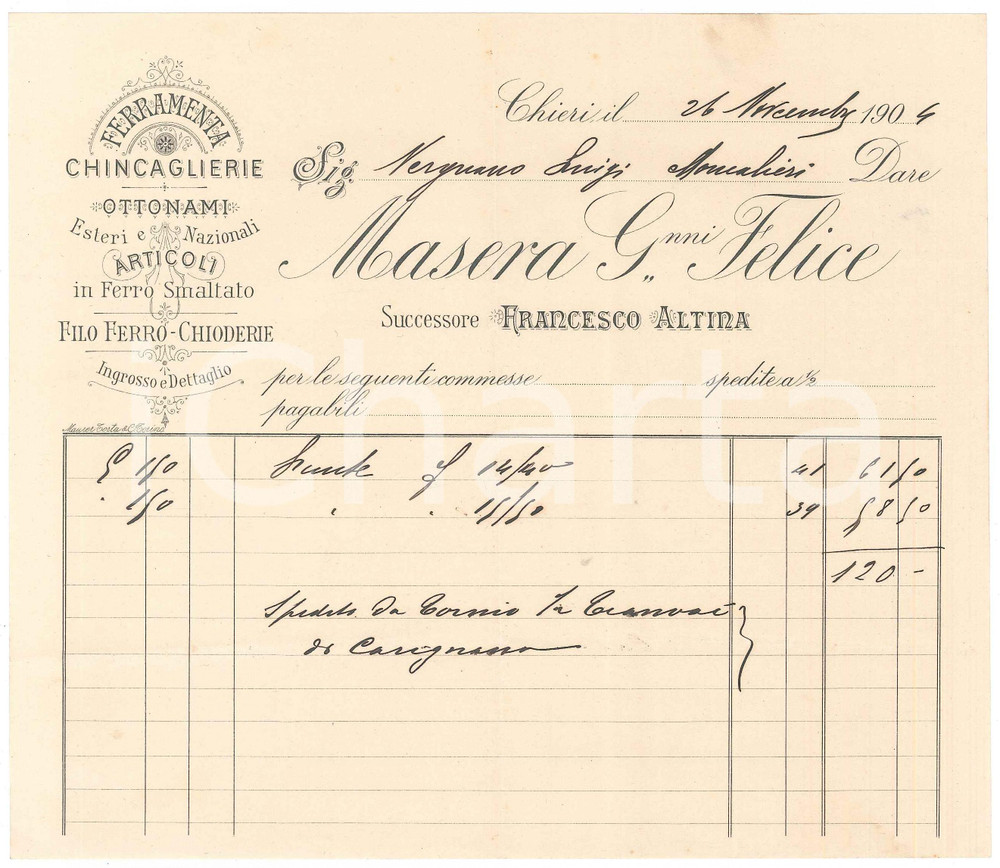 Documento originale, autentico 1904 CHIERI TO MASERA Giovanni Felice succ. ALTINA  Ferramenta Fattura 1