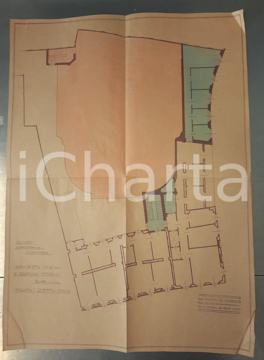 Mappa, planimetria storica 1925 ca MILANO Edificatrice VITTORIA  Progetto cinema SAN CARLO  4° Piano 1