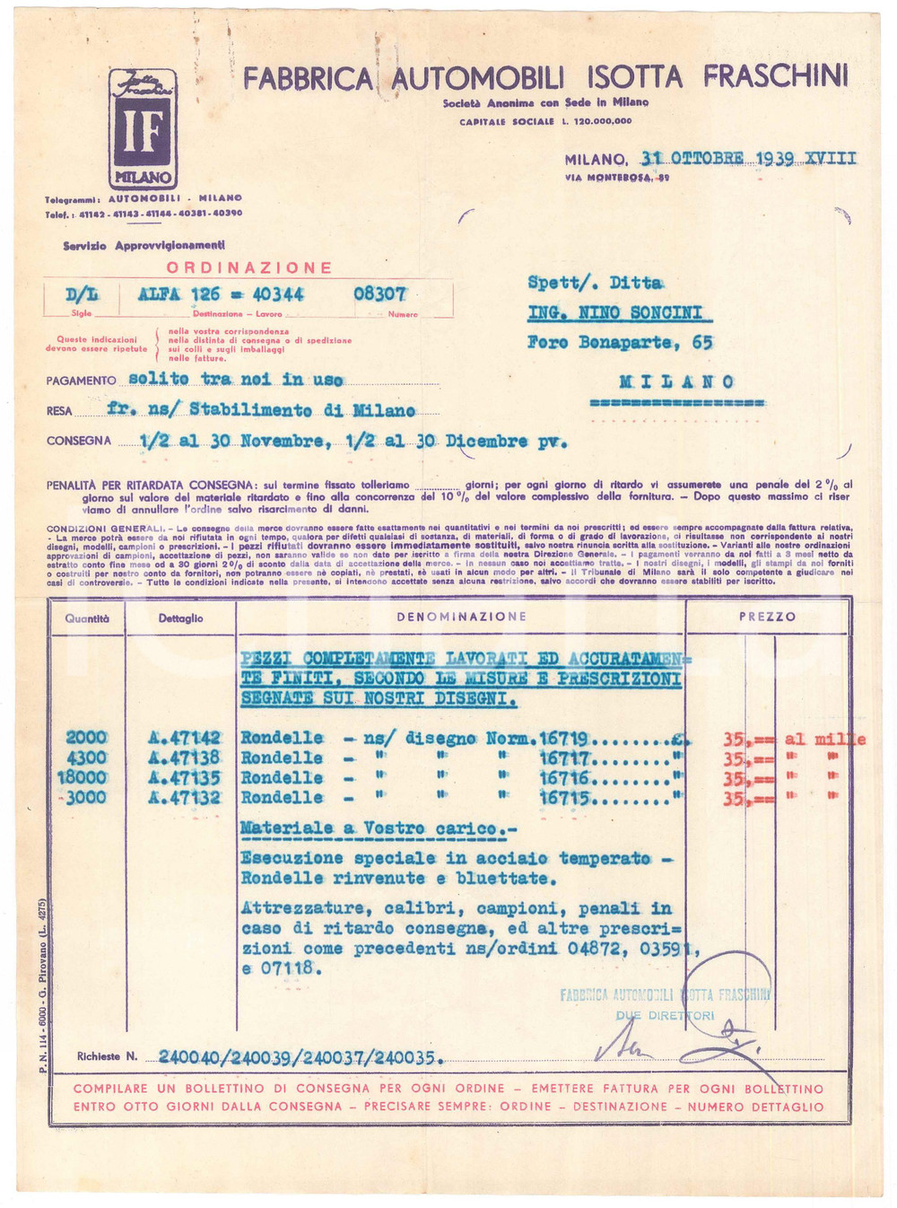 Documento originale, autentico 1939 MILANO via Monterosa  Fabbrica Automobili ISOTTA FRASCHINI  Fattura 2 1