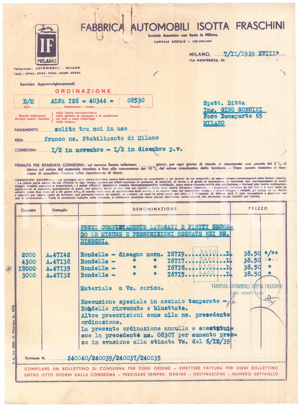 Documento originale, autentico 1939 MILANO via Monterosa  Fabbrica Automobili ISOTTA FRASCHINI  Fattura 3 1