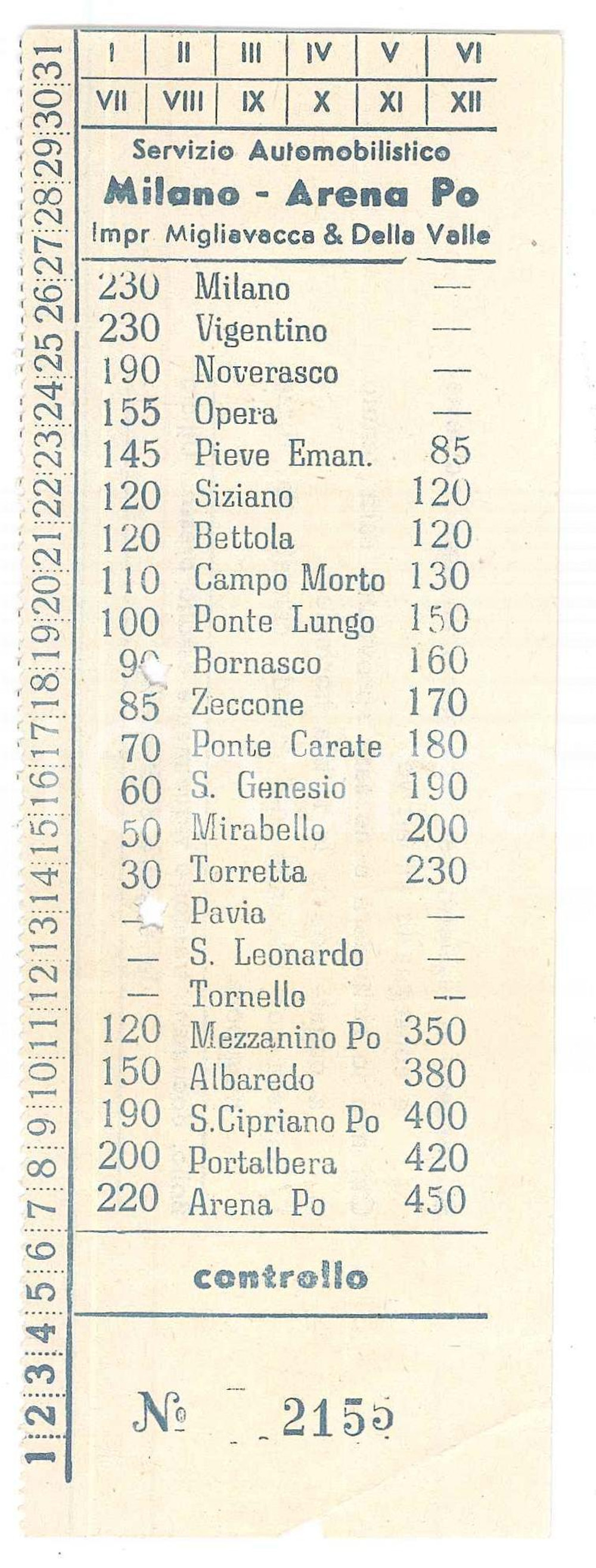 Oggetto da collezione cartaceo 1960 ca MIGLIAVACCA E DELLA VALLE Servizio automobilistico MILANO  ARENA PO 3 1