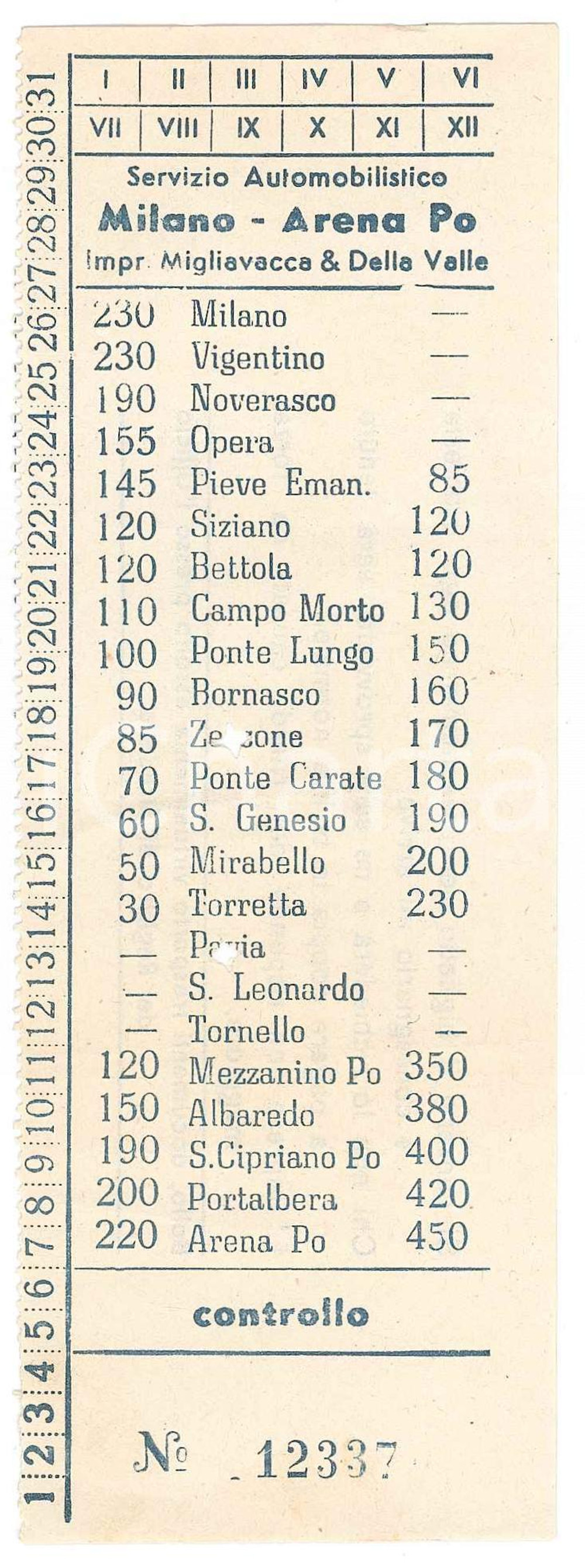 Oggetto da collezione cartaceo 1960 ca MIGLIAVACCA E DELLA VALLE Servizio automobilistico MILANO  ARENA PO 5 1