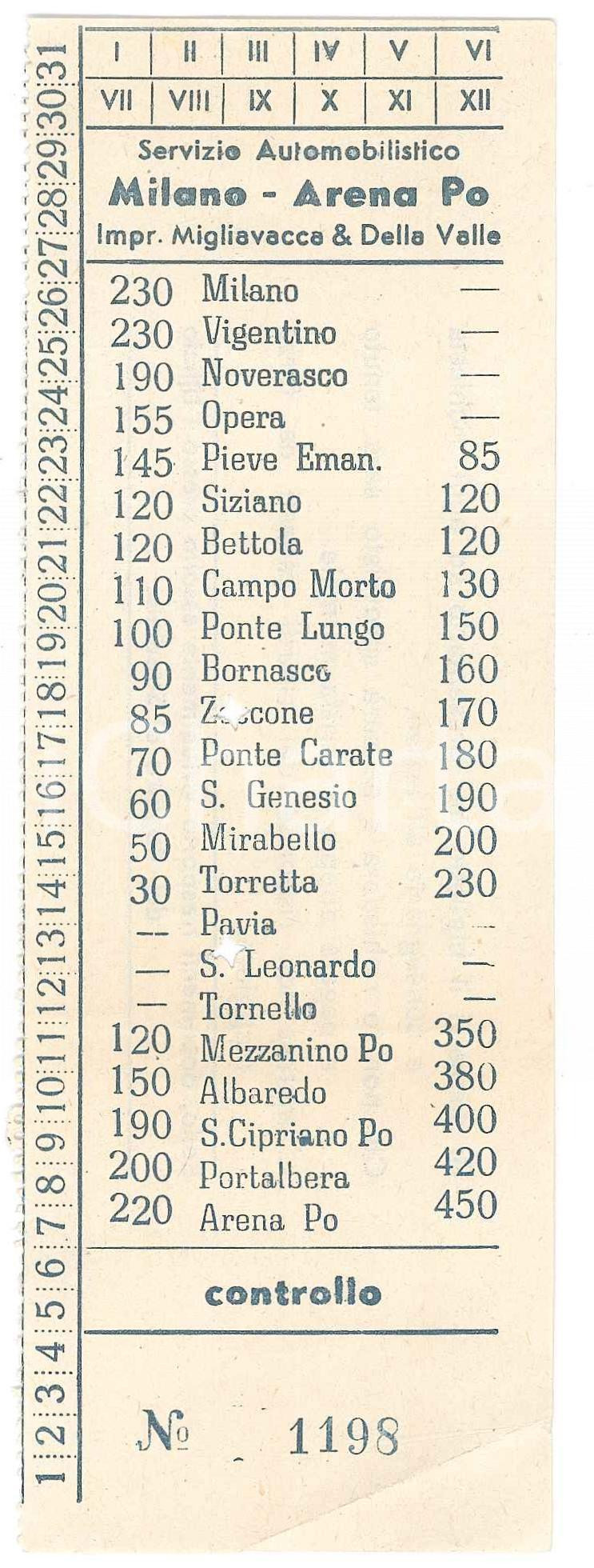 Oggetto da collezione cartaceo 1960 ca MIGLIAVACCA E DELLA VALLE Servizio automobilistico MILANO  ARENA PO 2 1
