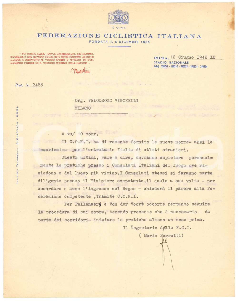 Manoscritto, lettera originale 1942 CICLISMO ROMA CONI Lettera Mario FERRETTI  Regole corridori stranieri 1