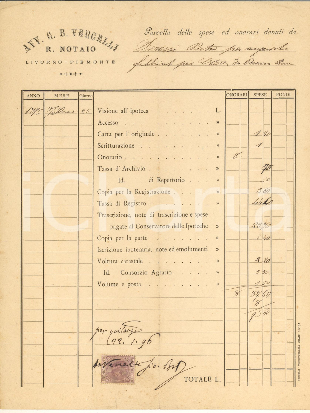 Documento originale, autentico 1896 LIVORNO FERRARIS VC Parcella Giovanni Battista VERCELLI Regio Notaio 1