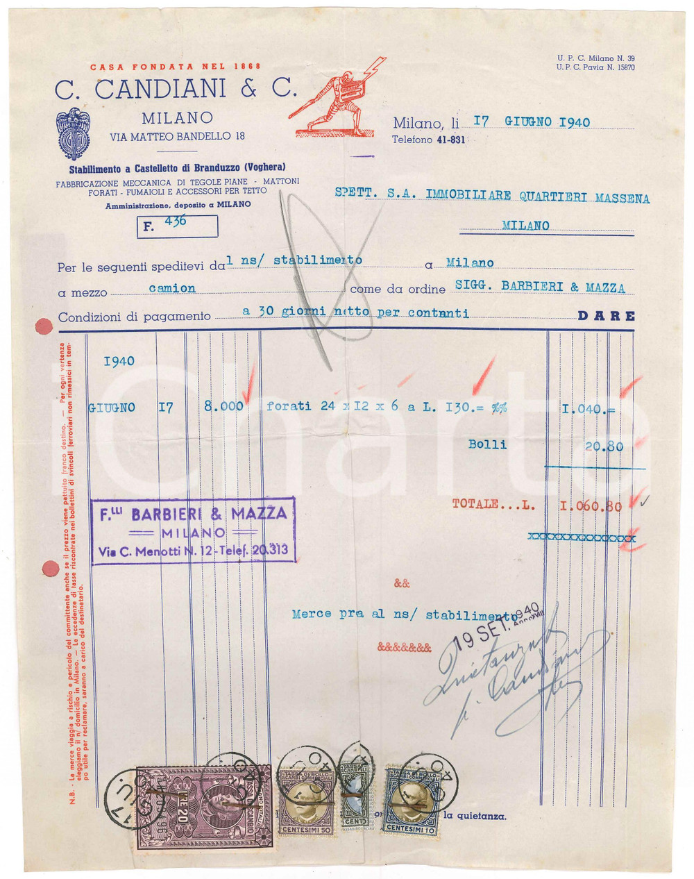 Documento originale, autentico 1940 MILANO via Bandello  C. CANDIANI Tegole piane e mattoni  Fattura 3 1