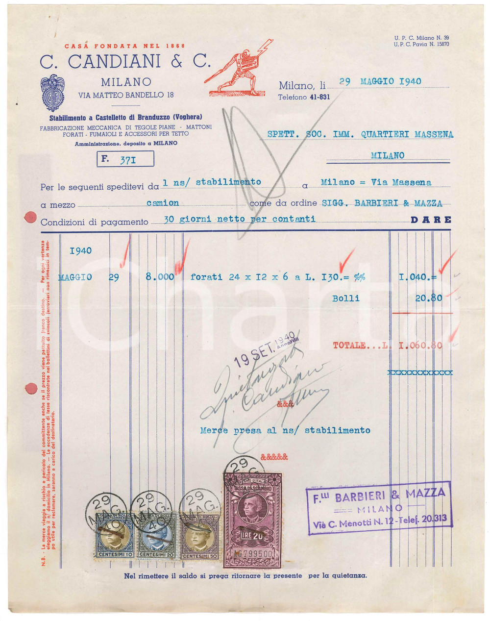 Documento originale, autentico 1940 MILANO via Bandello  C. CANDIANI Tegole piane e mattoni  Fattura 2 1