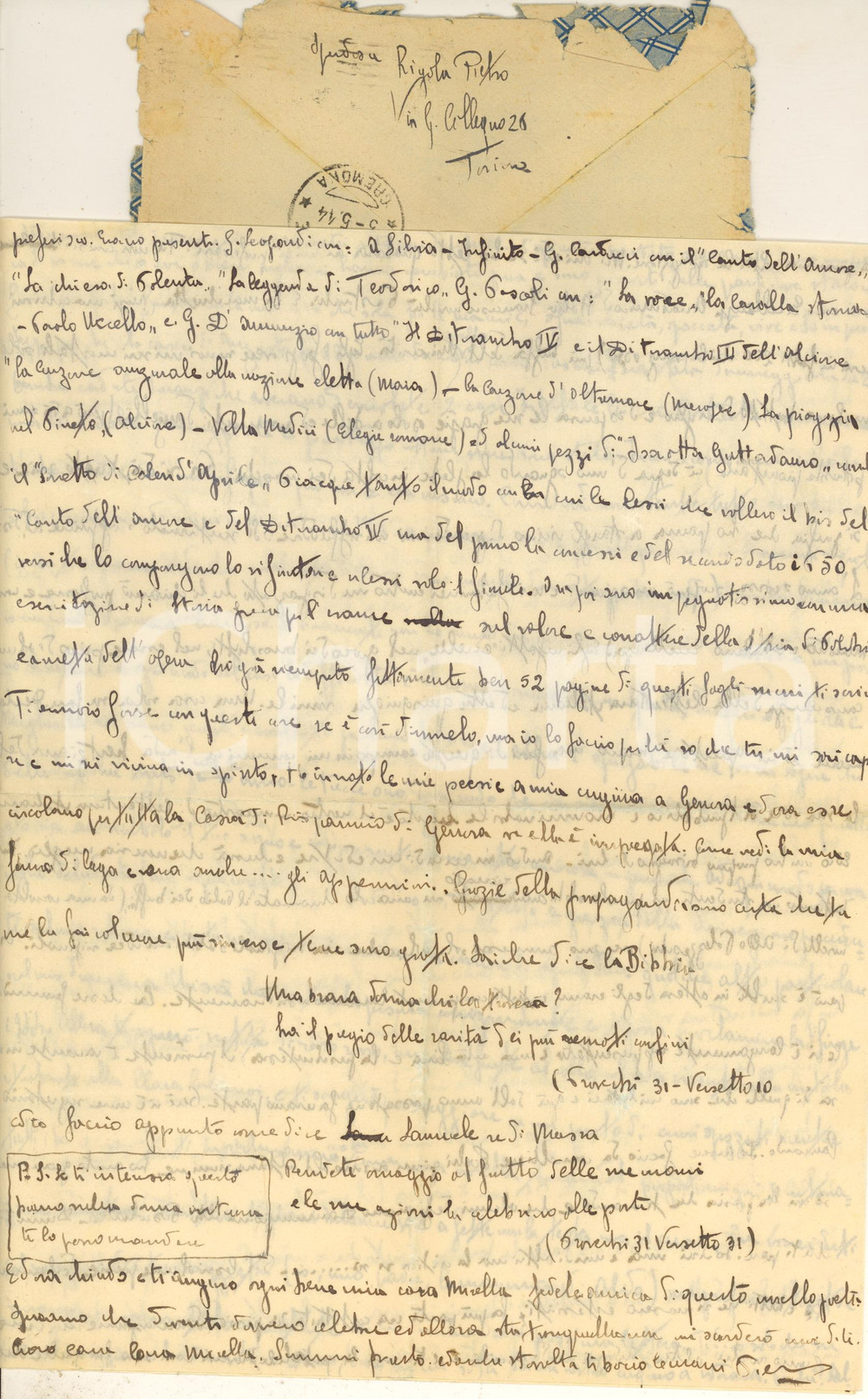 Autografo originale 1944 WW2 TORINO Pietro RIGOLA si salva da un bombardamento Autografo 1