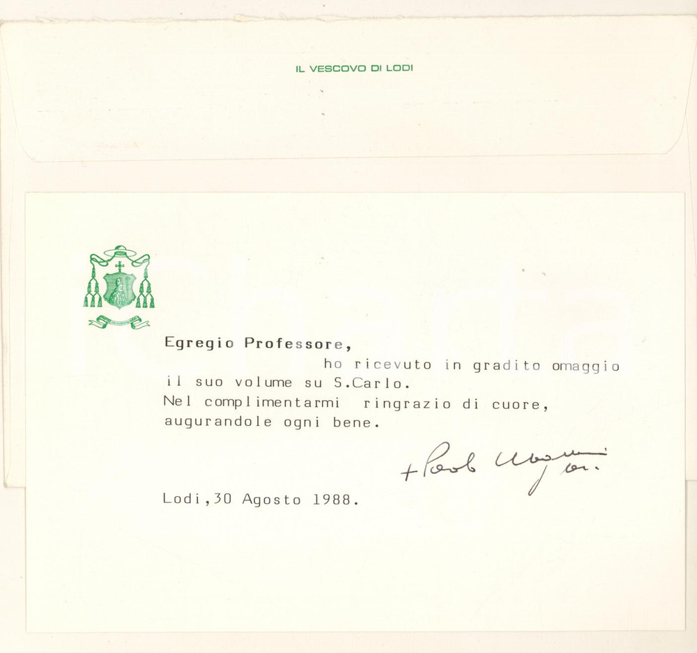 Autografo originale 1988 LODI Biglietto mons. Paolo MAGNANI  Ringraziamento AUTOGRAFO 1