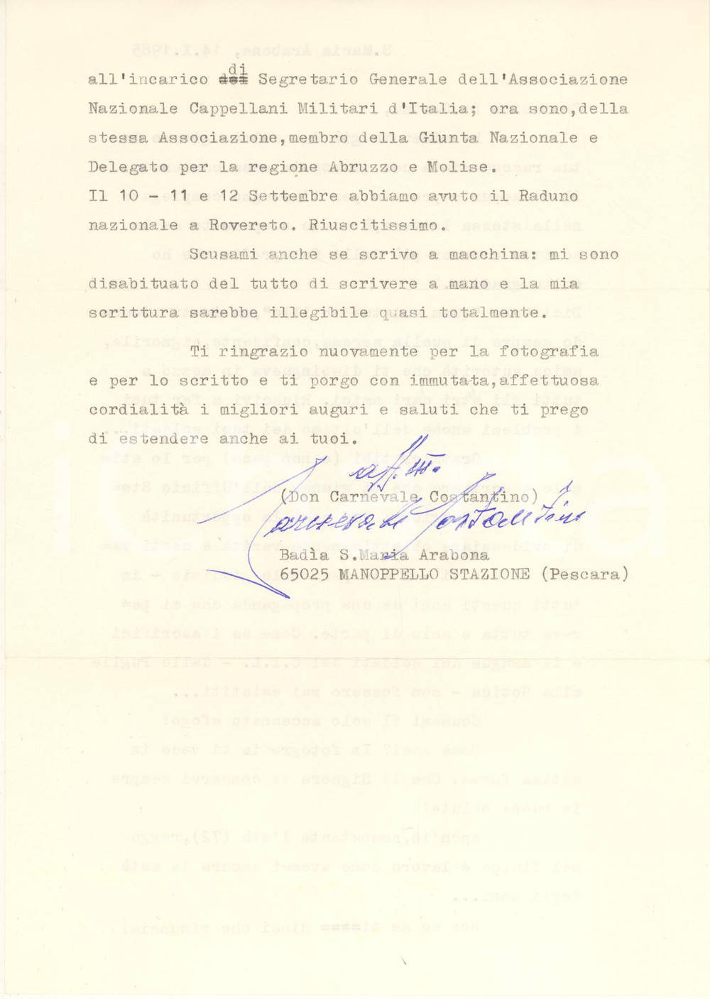 Autografo originale 1985 Abbazia S. MARIA ARABONA Lettera don Costantino CARNEVALE Autografo 1