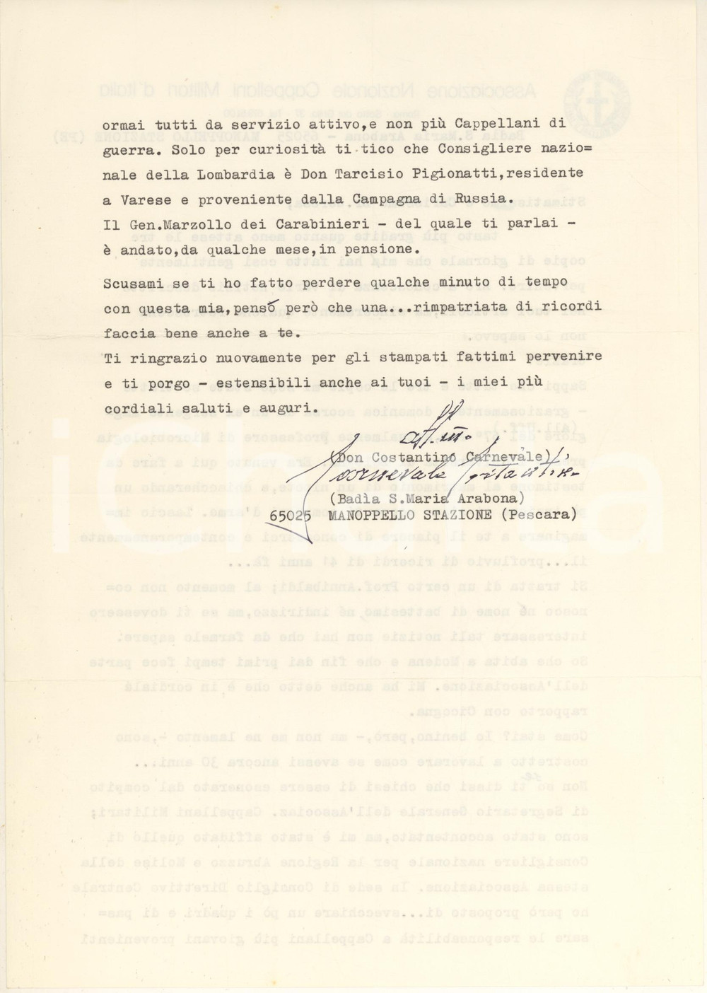 Autografo originale 1985 Abbazia S. MARIA ARABONA Don Costantino CARNEVALE Autografo 1