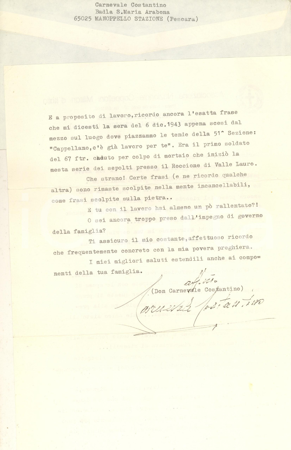 Autografo originale 1985 Badia S. MARIA ARABONA Lettera don Costantino CARNEVALE Autografo 1