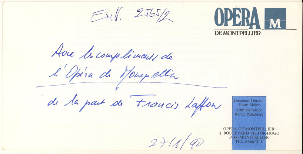 Autografo originale 1990 Opéra de MONTPELLIER  Billet Francis LAFFON compositeur  AUTOGRAPHE 1