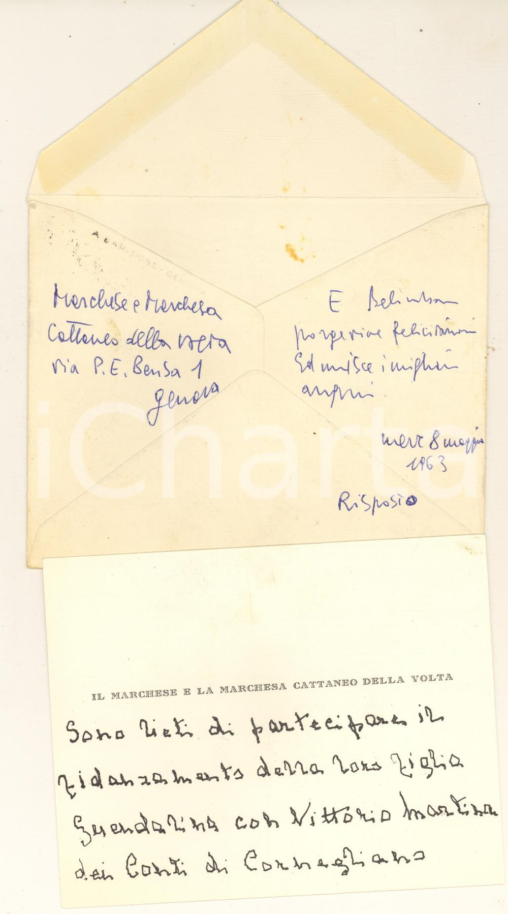 Autografo originale 1963 GENOVA Marchesi CATTANEO DELLA VOLTA Partecipazione fidanzamento Autografo 1