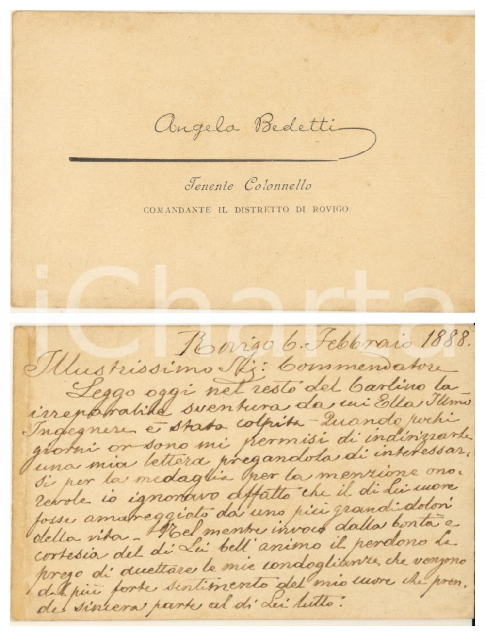 Autografo originale 1888 ROVIGO Angelo BEDETTI Tenente Colonnello Comandante  Biglietto autografo 1